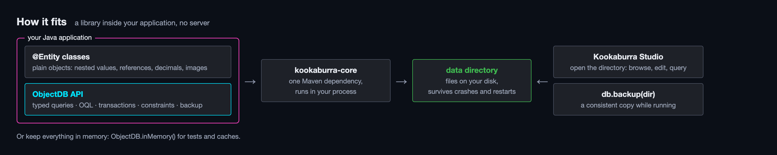 Your application uses the ObjectDB API; data lives in a directory that Studio and backups use