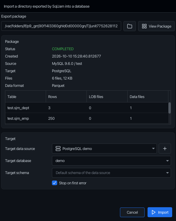 Import package dialog