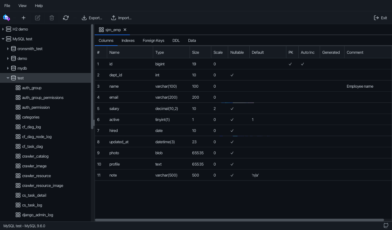 SqlJam main window with the table structure of an employee table