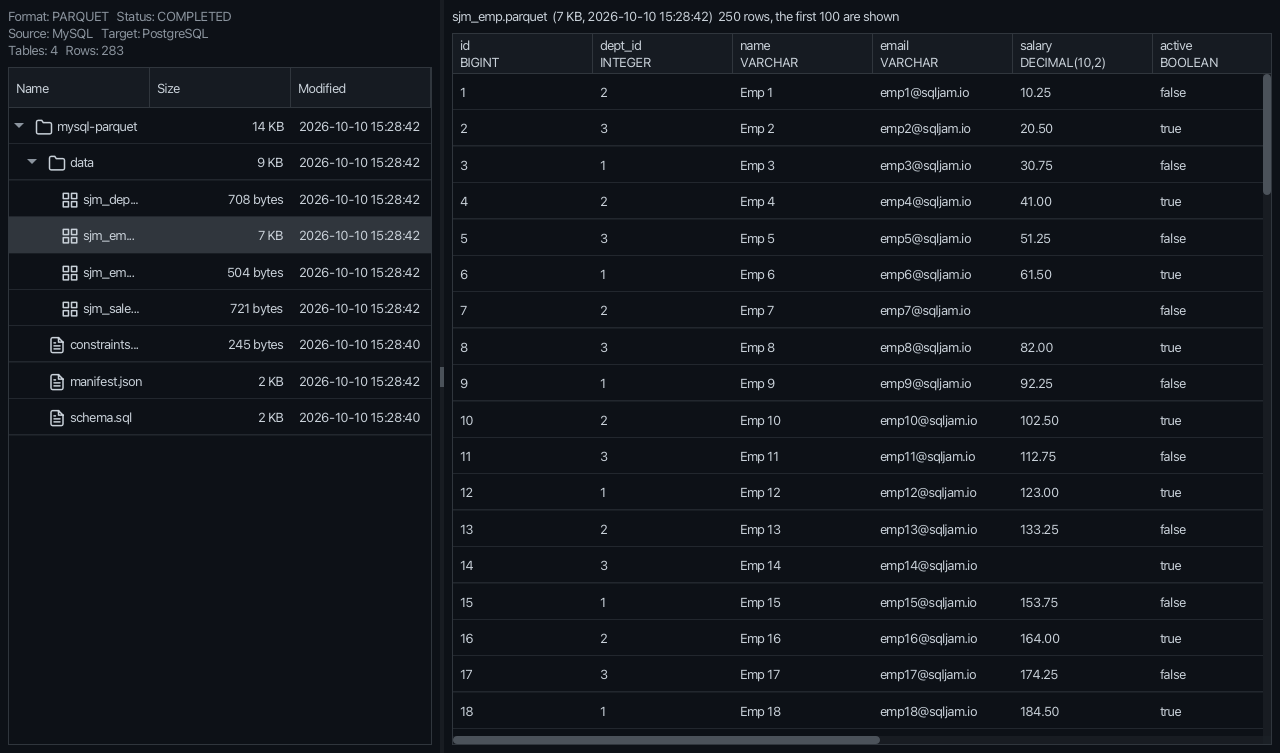 Package viewer with a Parquet file