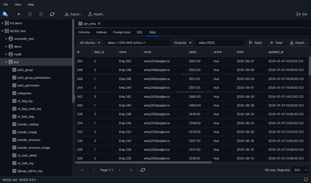 Table data viewer with a query